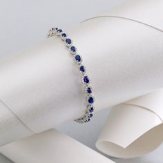 Traditional Blue Sapphire and Diamond Bracelet (7 in) Sapphire Diamond Bracelet, Prom Planning, Halo Bracelet, Sapphire Jewellery, Basic Bracelet, Blue Sapphire Bracelet, Blue Sapphire Jewelry, Women Bracelets, Silver Ring Designs