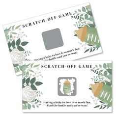 two matching scratch - off game cards with flowers and teapots on the front