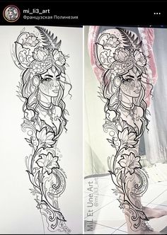 an artistic tattoo design is shown on the side of a woman's leg and back