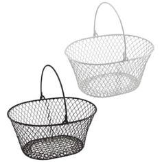 two black wire baskets with handles on each side, one is holding a basket and the other has a handle