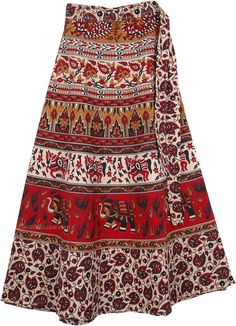 Tribal Ethnic Tan Wrap Around Skirt - This is a wild floral and animal pattern block print cotton skirt. A parade of royalty and grandeur with elephants, horses and peacocks. This is a wrap around skirt so it goes around the waist and is tied on the side. The material is light cotton. As the summers set in the demand for anything cotton, anything easy on the eye and the skin and anything manageable is always on the go. Light and flowy cotton in the form of these skirts is a welcome sight. These Festive Bohemian Cotton Skirt, Red Bohemian Cotton Skirt, Traditional Multicolor Long Wrap Skirt, Bohemian Cotton Printed Skirt, Bohemian Red Cotton Skirt, Multicolor Wrap Skirt For Festivals, Traditional Red Cotton Skirt, Festive Bohemian Skirt With Traditional Patterns, Traditional Red Skirt With Traditional Patterns