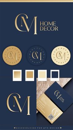 some gold and blue business cards with the letter m on them, all in different colors