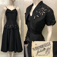 Vintage 1940s Ladies MADEMOISELLE JULIETTE Black Taffeta Two Piece Dress & Top | eBay 1940s Formal Dress, 40s Silhouette, 40s Dresses Vintage, 40s Dresses, 1940s Clothing, 1940s Vintage Dresses, 1940 Dress, 40s Outfits, Oc Clothes