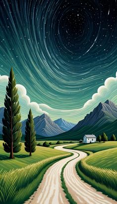 a painting of a road going through a green field with mountains and stars in the sky