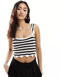 ASOS DESIGN crochet crop top with square neck in black and white stripe | ASOS Casual Square Neck Crop Top For Beach, Chic Square Neck Crop Top For Beach, Chic Striped Summer Crop Top, Chic Striped Crop Top For Summer, Square Neck Crop Top For Beach, Chic Striped Cropped Top, Chic Striped Cropped Crop Top, Striped Crochet Top For Summer, Striped Cropped Tank Top