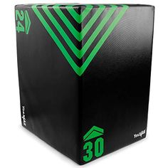 a black box with green graphics on the front and bottom half is shown in full view