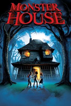 the monster house on blu with an image of two people standing in front of it