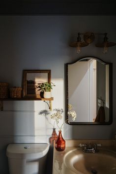 Traditional Style Master Bath, Moody Small Bathroom Ideas, Nancy Meyers Bathroom Aesthetic, Thrifted Bathroom, Rental Bathroom Decor, Painting The Ceiling, Rental Bathroom, Vintage Bathroom Decor, Toilet Shelves