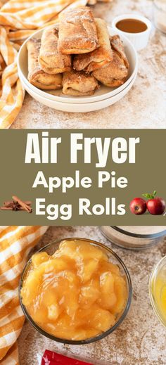 an air fryer apple pie egg rolls on a table with apples and cinnamons