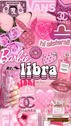 barbie libra ad with pink flowers, perfumes and other items on it's cover