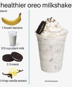 an ice cream sundae is shown with ingredients to make it look like oreo milkshake