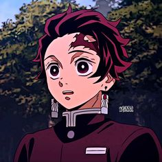 an anime character with red hair and big eyes looks at the camera while standing in front of some trees