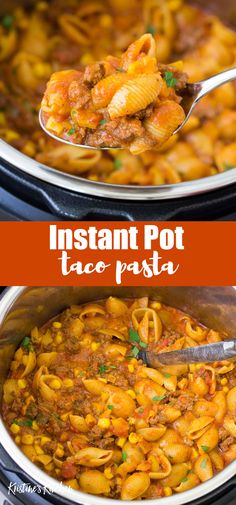 instant pot taco pasta in a slow cooker with a ladle full of it