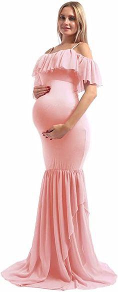 Stay stylishly comfortable throughout your pregnancy with this Ruffled Mermaid Maternity Dress. The draped off-shoulder design hugs your figure to flatter your silhouette, while the mermaid skirt cascades to the ground in a beautiful ruffled hem. Perfect for any special occasion. Material: Comfy cotton & soft chiffon, breathable and stretchy fabric. Fits All Kinds Of Shape Of Expectant Mothers Features: Trendy ruffles flounce top, Romantic lace off shoulder and Sexy spaghetti strap is very allur Mermaid Maternity Dress, Dress For Baby Shower, Shower Photography, Maternity Dresses For Baby Shower, Fitted Gown, Baby Shower Photography, Dress For Baby, Flounce Top, Romantic Lace