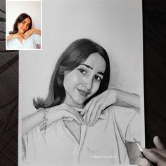 a pencil drawing of a woman's face and hand next to the image of her