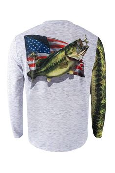 a white shirt with a large fish on it and an american flag in the back