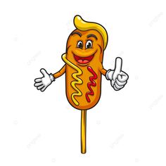 a cartoon hot dog on a stick giving the thumbs up