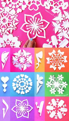 paper cut snowflakes are shown in different colors