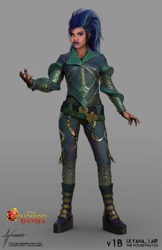 an animated character with blue hair and green armor, standing in front of a gray background