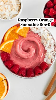 raspberry orange smoothie bowl with coconut and strawberries