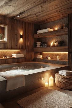 a bathroom with a large jacuzzi tub surrounded by wooden walls and flooring