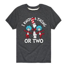 Dr. Seuss - I Know A Thing Or Two - Toddler And Youth Short Sleeve Graphic T-Shirt - Celebrate the essence of Dr. Seuss's Dr. Seuss with officially licensed apparel featuring unique designs crafted exclusively by Hybrid Apparel. Each piece brings beloved characters, iconic imagery, and memorable moments to life, offering Dr. Seuss fans a one-of-a-kind way to showcase their passion. Dr Seuss Characters, Mischievous Cat, Cat In The Hat, Kids Clothes Boys, Graphic Apparel, Toddler Boy Outfits, Top Graphic Tees, Dr Seuss, Memorable Moments