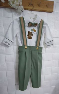 NOTE Please visit my store for many more children's costumes and custom made clothes.. httpsadykidsdesign.etsy.com Please send a message to have the embroidery on the front of the shirt done as you wish. It is prepared specifically for your child in line with your wishes. Just contact me. This cotton Men's I guess First 1st Birthday 4 Piece Suit is custom made with Name and Date of Birth. History. Little Bear Animal Design Jumpsuits are specially produced to order. Comes with boy's bow tie, cott Fitted Cotton Sets For First Birthday, Cute Embroidered Fitted Sets, Fitted Green School Sets, Fitted Green Sets For School, Birthday Outfit Pants, Baby Boy Birthday Outfit, Outfit Pants, Baby Boy Clothing Sets, Baby Boy Birthday