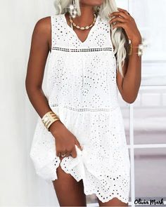 Color: white, Size: 2XL White Casual Eyelet Dress, Sleeveless Eyelet Dress For Spring, Summer V-neck Eyelet Dress, Summer Sleeveless Broderie Anglaise Dress, White Sleeveless Eyelet Mini Dress, Summer Eyelet Dress With V-neck, White Eyelet Dress For The Beach, White Eyelet Dress For Spring, Sleeveless White Dress With Broderie Anglaise