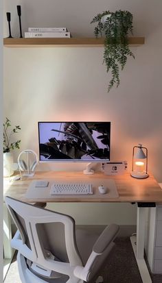 a desk with a computer on it in front of a plant