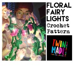 there is a woman that has crocheted flowers on her sweater and the words, floral fairy lights crochet pattern