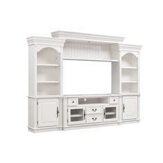 a white entertainment center with drawers and shelves