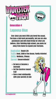 the monster high character information card for lagoona blue