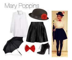 a woman in white shirt and black skirt with red bow tie, hat and umbrella