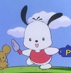 a cartoon character holding a knife and standing next to a teddy bear in the grass