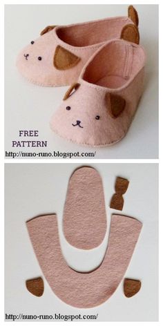 two pictures showing how to make slippers with felt animals and the words free pattern