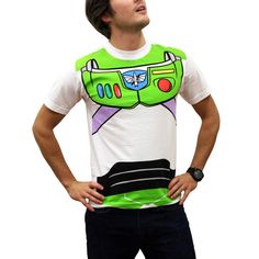 a man standing with his hands on his hips wearing a buzz lightyear t - shirt