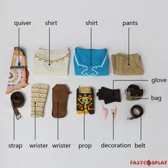 an assortment of clothing and accessories laid out on a white surface, labeled in the words