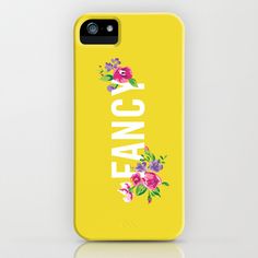 a yellow phone case with flowers and the word fancy on it's back cover