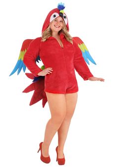 a woman in a red bird costume posing for the camera with her arms out and legs crossed