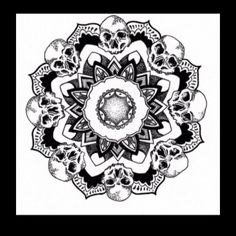 a black and white drawing of skulls in the middle of a circular design with an intricate flower