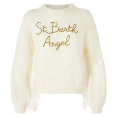 Woman white soft crewneck sweaterSt. Barth Angel embroiderySaint Barth logo on the sleeveSleeves with feathersComposition: 20% Alpaca - 35% Polyamide - 45%Acrylic Angel Embroidery, Dream Wishlist, Saint Barth, Print Swimwear, St Barth, Saint Laurent Shoes, Printed Swim, Summer Hats, T-shirt Polos