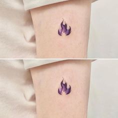 two pictures of the same tattoo on someone's left arm, one with a purple flame