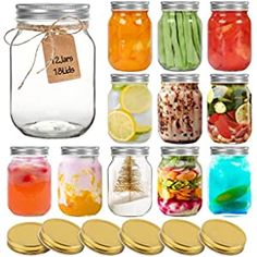 the mason jars are filled with different types of food