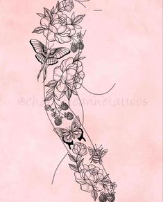 a tattoo design with flowers and butterflies on the side of a woman's arm