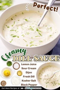 Dill Sauce served in a white round bowl. ingredients to make Dill Sauce. Lemon Dill Cream Sauce For Fish, Smoked Salmon With Dill Sauce, Sour Cream Sauce For Fish, Fish With Dill Sauce, Salmon And Sour Cream Recipes, Lemon Dill Mahi Mahi, Dill Cream Sauce Salmon, Sour Cream Dill Sauce