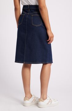 Contrast topstitching accentuates the classic pencil silhouette of this dark-wash denim skirt. Zip fly with button closure Five-pocket style Unlined 99% cotton, 1% spandex Machine wash, tumble dry Imported Medium Wash Denim Pencil Skirt With Pockets, Dark Wash Cotton Knee-length Denim Skirt, Dark Wash Cotton Denim Skirt Knee-length, Knee-length Dark Wash Cotton Denim Skirt, Knee-length Denim Skirt With Pockets, Dark Wash Denim Pencil Skirt With Pockets, Dark Wash Knee-length Denim Skirt, Medium Wash Cotton Denim Skirt For Work, Workwear Cotton Denim Skirt In Medium Wash