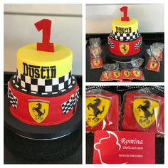 this is a cake with the number one on it and ferraris in red, yellow and black