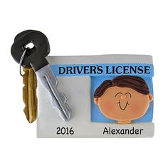 Give him something to remember finally getting his driver's license. We hand paint the personalization with his first name and the year. Measures 4" x 3" Made of resin Includes ribbon for hanging Personalize with name and year Personalization is hand painted Boy 16th Birthday, Student Driver, Graduation Ornament, Teen Driver, Gifts For Teen Boys, New Driver, Kids Ornaments, New Drivers