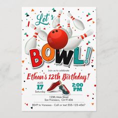 a bowling birthday party card with the words, let's go bowling