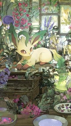 an image of a pokemon scene with plates and flowers